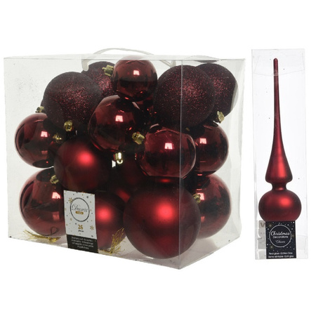 Kerstversiering kunststof kerstballen met piek donkerrood 6-8-10 cm pakket van 27x stuks