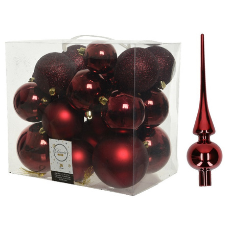 Christmas decorations baubles with topper 6-8-10 cm set darkred 27x pieces
