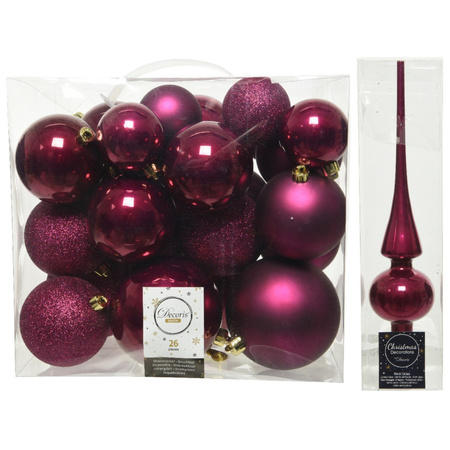 Kerstversiering kunststof kerstballen met piek framboos roze 6-8-10 cm pakket van 27x stuks