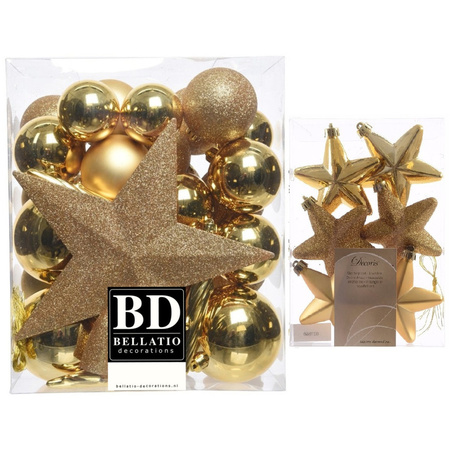 Kerstversiering kunststof kerstballen met piek goud 5-6-8 cm pakket van 39x stuks