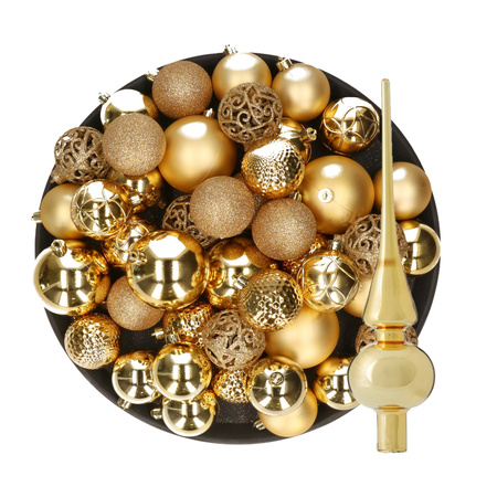 Christmas decorations baubles with topper 6-8-10 cm set gold 37x pieces