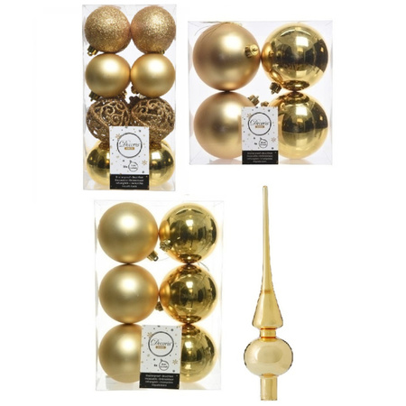 Kerstversiering kunststof kerstballen met piek goud 6-8-10 cm pakket van 37x stuks