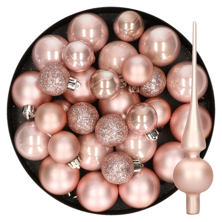 Christmas decorations baubles with topper 6-8-10 cm set lightpink 42x pieces