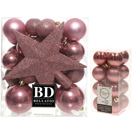 Kerstversiering kunststof kerstballen met piek oud roze 4-5-6-8 cm pakket van 49x stuks
