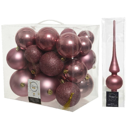 Kerstversiering kunststof kerstballen met piek oud roze 6-8-10 cm pakket van 27x stuks