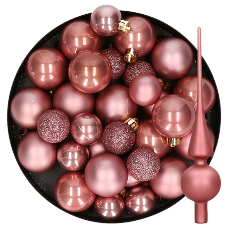 Christmas decorations baubles with topper 6-8-10 cm set old pink 42x pieces