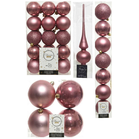 Christmas decorations baubles with topper 6-8-10 cm set old pink 42x pieces