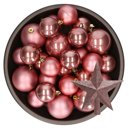 Christmas decorations baubles with topper 6-8-10 cm set old pink 45x pieces