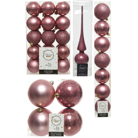 Christmas decorations baubles with topper 6-8-10 cm set old pink 49x pieces