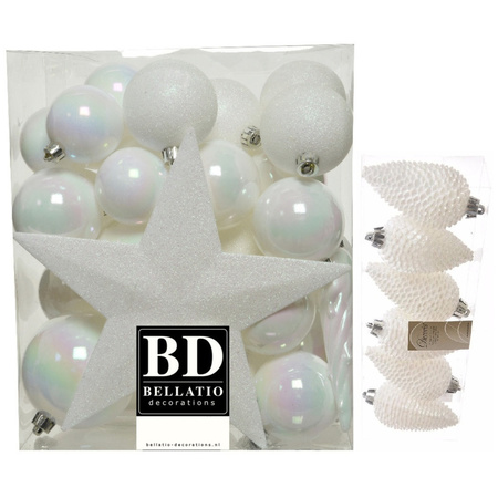 Kerstversiering kunststof kerstballen met piek parelmoer wit 5-6-8 cm pakket van 39x stuks
