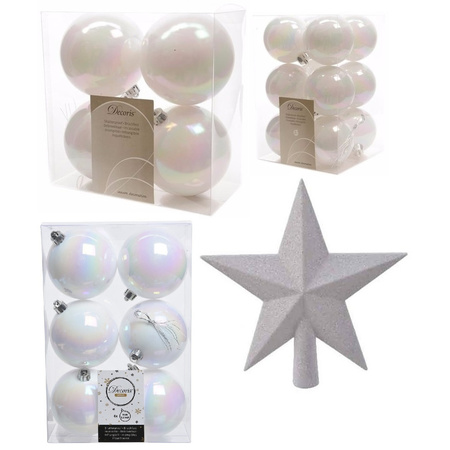 Kerstversiering kunststof kerstballen met piek parelmoer wit 6-8-10 cm pakket van 45x stuks