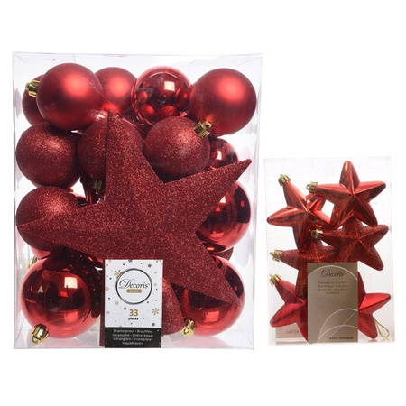 Christmas decorations baubles with topper 5-6-8 cm set red 39x pieces