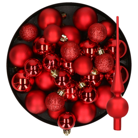 Kerstversiering kunststof kerstballen met piek rood 6-8-10 cm pakket van 42x stuks