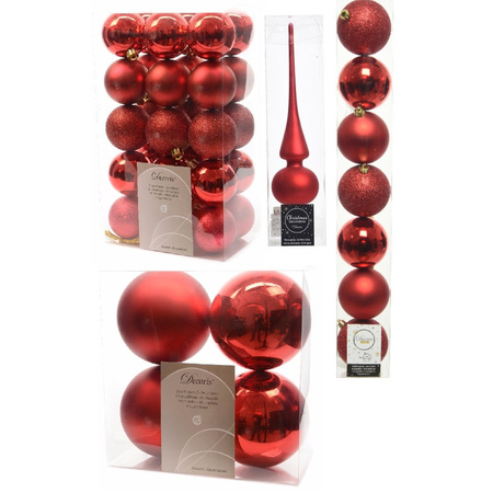 Kerstversiering kunststof kerstballen met piek rood 6-8-10 cm pakket van 42x stuks