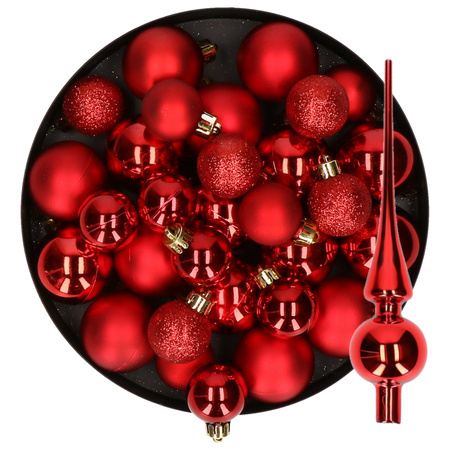 Kerstversiering kunststof kerstballen met piek rood 6-8-10 cm pakket van 49x stuks