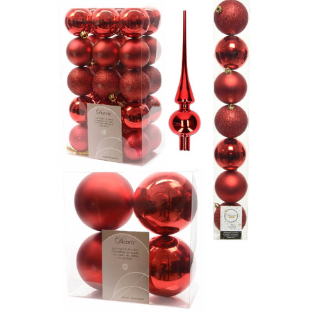 Kerstversiering kunststof kerstballen met piek rood 6-8-10 cm pakket van 49x stuks