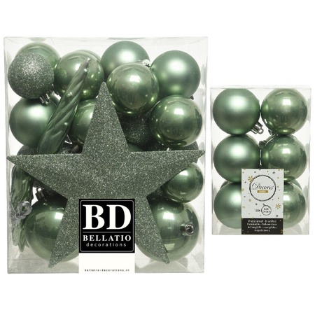 Kerstversiering kunststof kerstballen met piek salie groen 5-6-8 cm pakket van 45x stuks