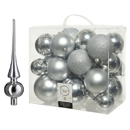 Kerstversiering kunststof kerstballen met piek zilver 6-8-10 cm pakket van 27x stuks