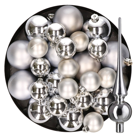 Kerstversiering kunststof kerstballen met piek zilver 6-8-10 cm pakket van 37x stuks
