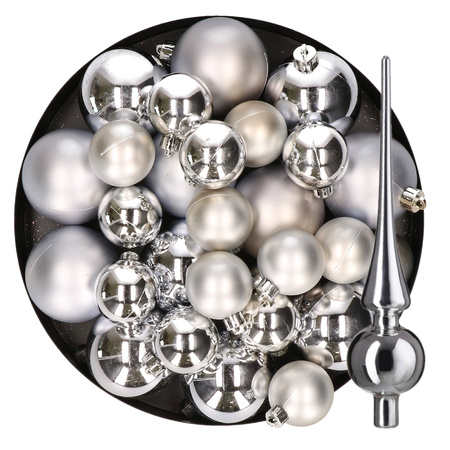 Christmas decorations baubles with topper 6-8-10 cm set silver 45x pieces