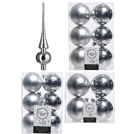 Christmas decorations baubles with topper 6-8-10 cm set silver 45x pieces