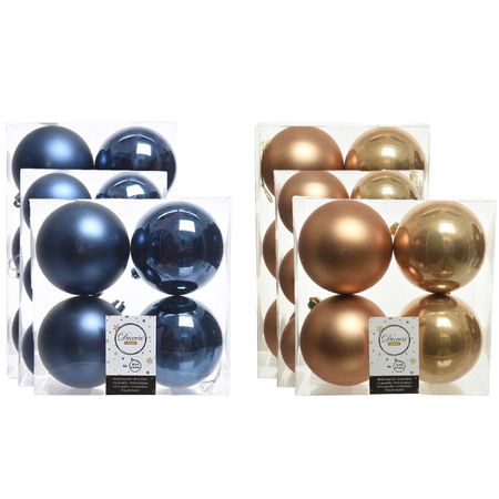 Kerstversiering kunststof kerstballen mix donkerblauw/camel bruin 6-8-10 cm pakket van 44x stuks