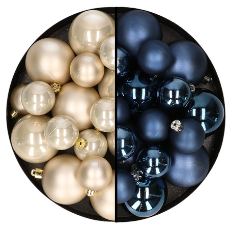 Kerstversiering kunststof kerstballen mix donkerblauw/champagne 6-8-10 cm pakket van 44x stuks