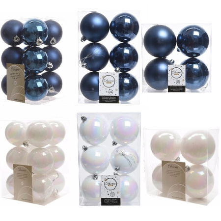 Kerstversiering kunststof kerstballen mix donkerblauw/parelmoer wit 6-8-10 cm pakket van 44x stuks