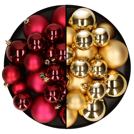 Christmas decorations baubles 6-8-10 cm set mix darkred/gold 44x pieces