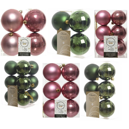 Kerstversiering kunststof kerstballen mix oud roze/donkergroen 6-8-10 cm pakket van 44x stuks