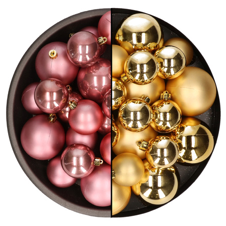 Kerstversiering kunststof kerstballen mix oud roze/goud 6-8-10 cm pakket van 44x stuks