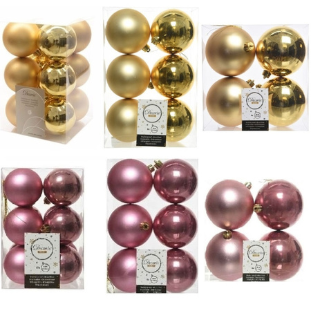 Kerstversiering kunststof kerstballen mix oud roze/goud 6-8-10 cm pakket van 44x stuks