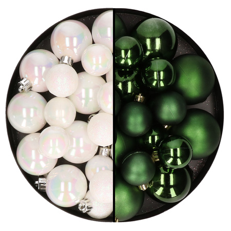 Kerstversiering kunststof kerstballen mix parelmoer wit/donkergroen 6-8-10 cm pakket van 44x stuks