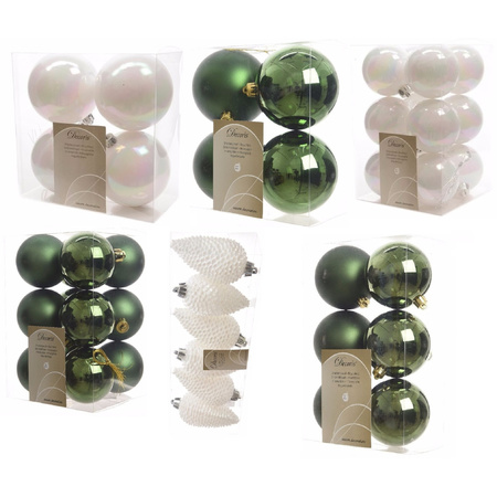 Christmas decorations baubles 6-8-10 cm set mix pearl white/pine green 44x pieces