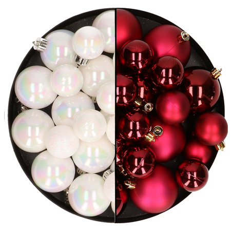 Kerstversiering kunststof kerstballen mix parelmoer wit/donkerrood 6-8-10 cm pakket van 44x stuks