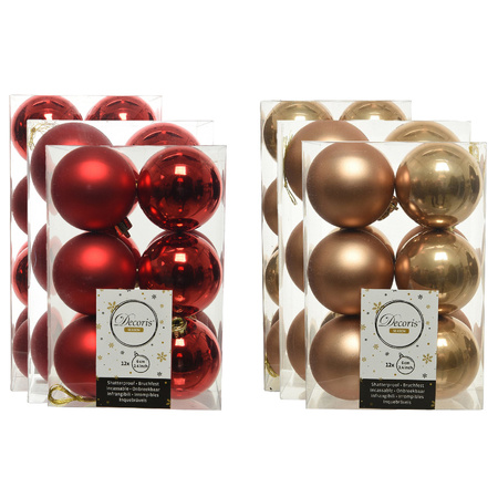 Kerstversiering kunststof kerstballen mix rood/camel bruin 4-6-8 cm pakket van 68x stuks