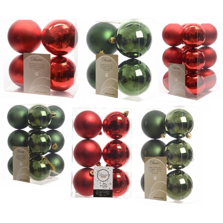 Christmas decorations baubles 6-8-10 cm set mix red/pine green 44x pieces