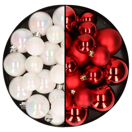 Kerstversiering kunststof kerstballen mix rood/parelmoer wit 6-8-10 cm pakket van 44x stuks