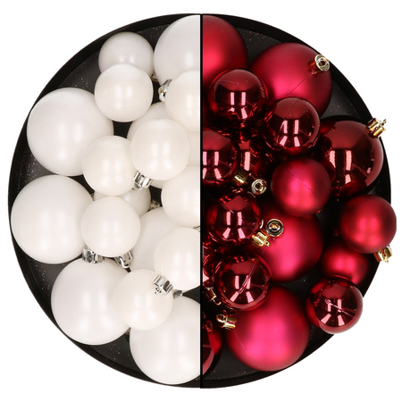 Kerstversiering kunststof kerstballen mix winter wit/donkerrood 6-8-10 cm pakket van 44x stuks