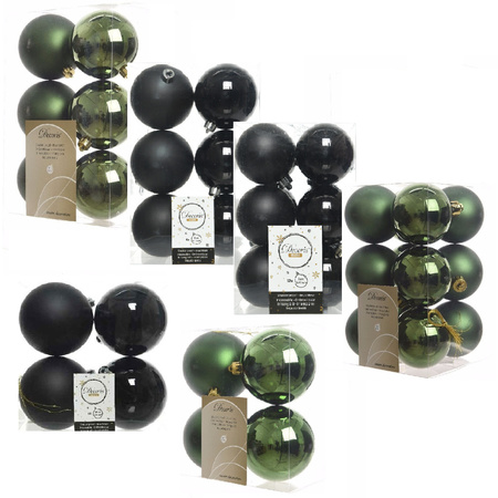 Kerstversiering kunststof kerstballen mix zwart/donkergroen 6-8-10 cm pakket van 44x stuks