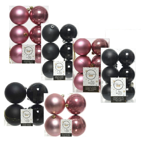 Kerstversiering kunststof kerstballen mix zwart/oud roze 6-8-10 cm pakket van 44x stuks