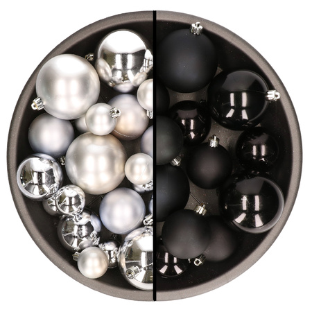 Kerstversiering kunststof kerstballen mix zwart/zilver 6-8-10 cm pakket van 44x stuks