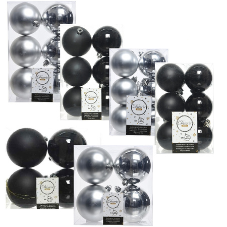 Kerstversiering kunststof kerstballen mix zwart/zilver 6-8-10 cm pakket van 44x stuks