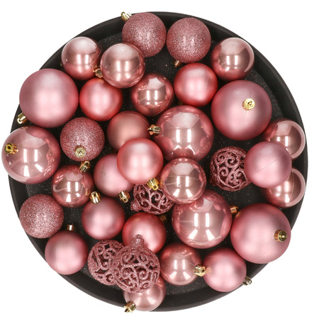Kerstversiering kunststof kerstballen oud roze 6-8-10 cm pakket van 59x stuks