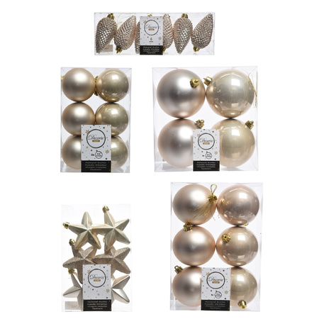 Christmas decorations baubles 6-8-10 cm set pearl/champagne 62x pieces