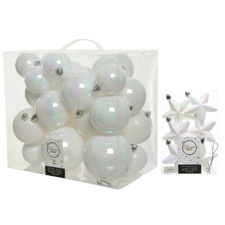 Kerstversiering kunststof kerstballen parelmoer wit 6-7-8-10 cm pakket van 32x stuks