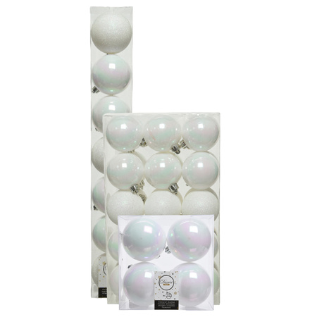 Kerstversiering kunststof kerstballen parelmoer wit 6-8-10 cm pakket van 52x stuks