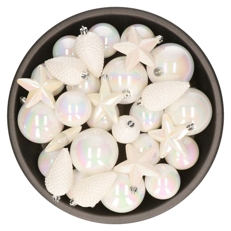 Kerstversiering kunststof kerstballen parelmoer wit 6-8-10 cm pakket van 68x stuks