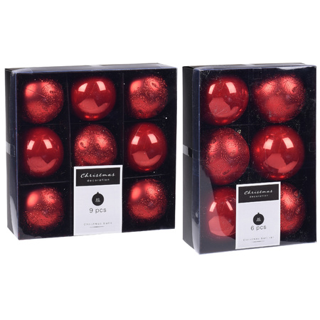 Kerstversiering kunststof kerstballen rood 6 en 8 cm pakket van 30x stuks