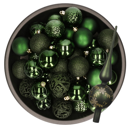 Kerstversiering set - 38-dlg - donkergroen - kunststof kerstballen en glazen luxe piek
